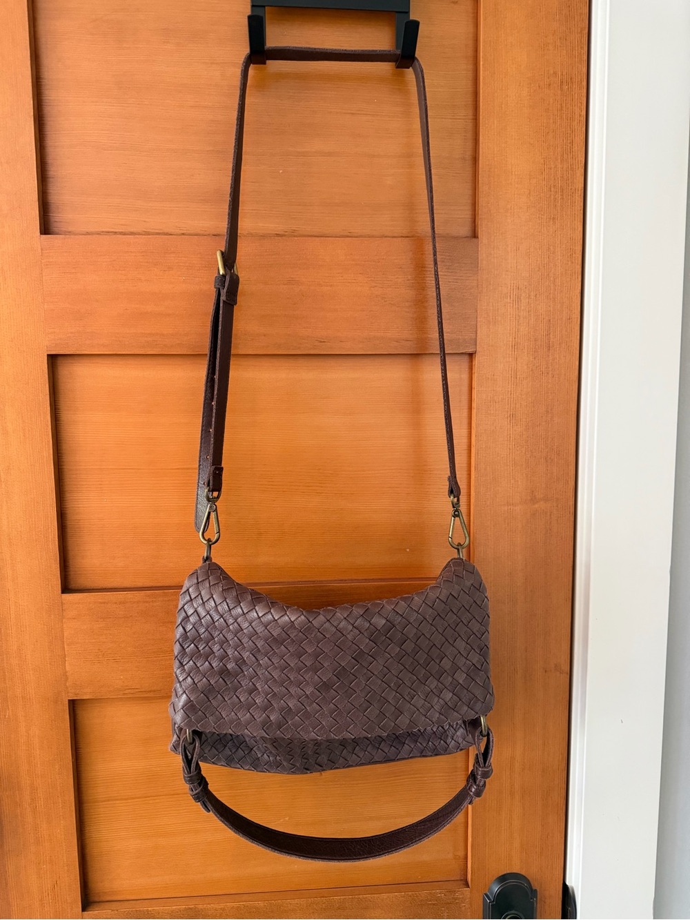 Margot New York Woven Leather Crossbody Bag in Dark Brown
